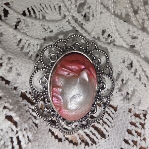 White Cat On Pink, Handmade Oval Cameo Brooch in Bronze Metal Frame